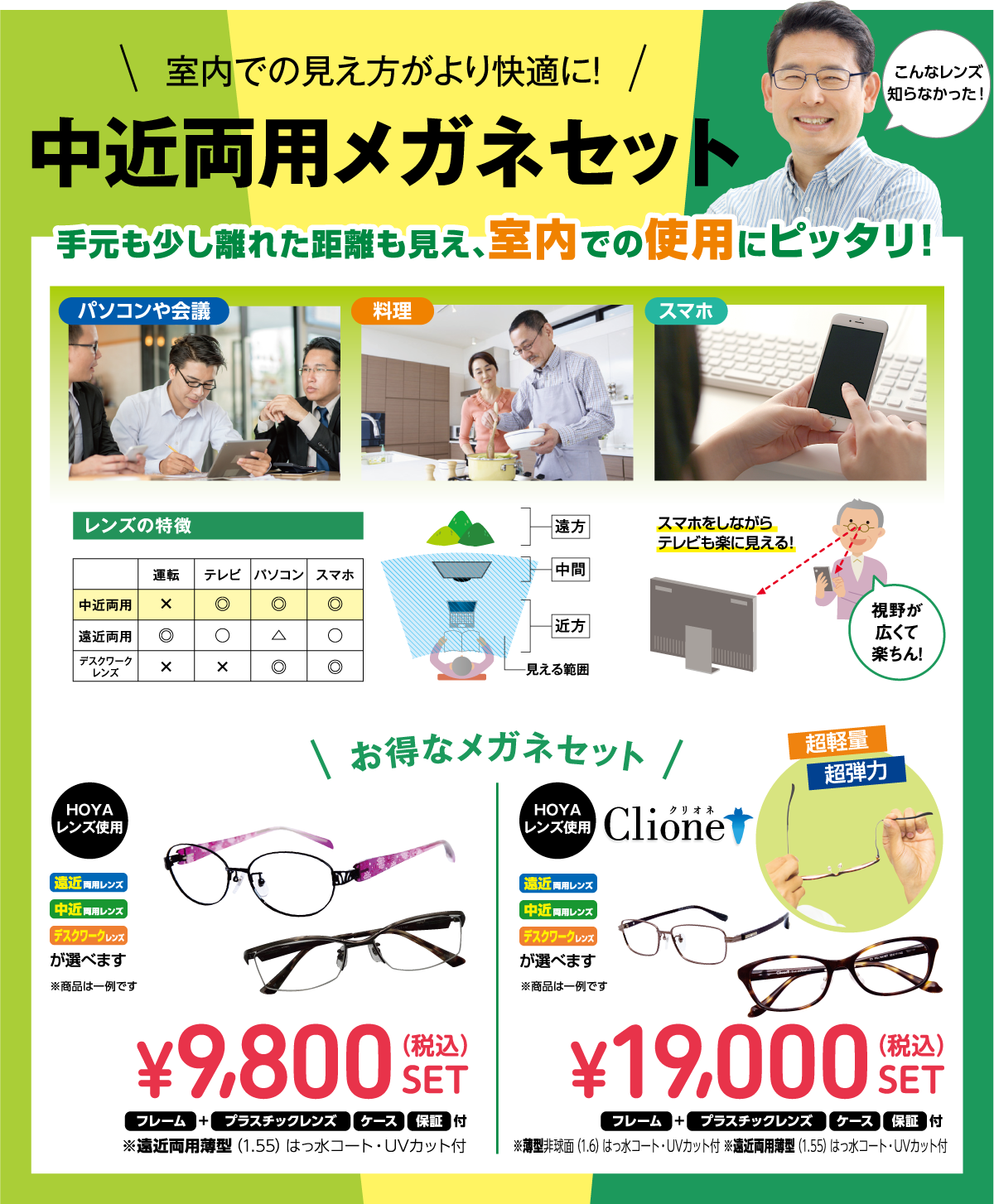 室内での見え方がより快適に!中近両用メガネセット 手元も少し離れた距離も見え、室内での使用にピッタリ!