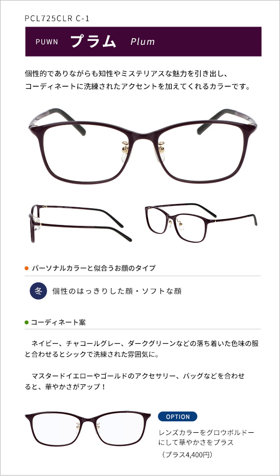 プラム 個性的でありながらも知性やミステリアスな魅力を引き出し、コーディネートに洗練されたアクセントを加えてくれるカラーです。